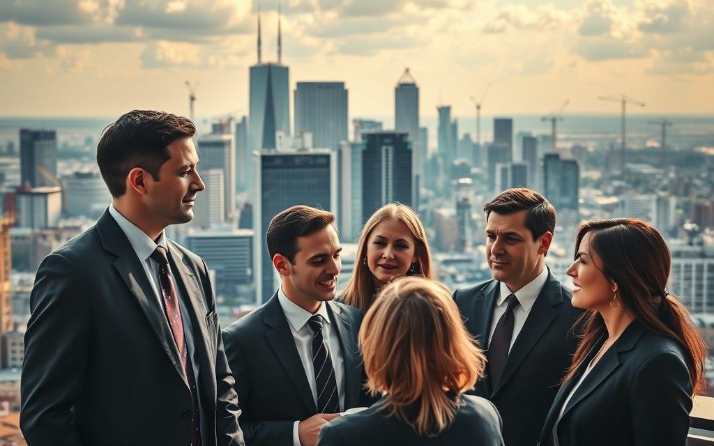 A bustling city skyline, with towering skyscrapers and cranes dotting the horizon. In the foreground, a group of business professionals, dressed in tailored suits and power ties, engaged in a lively discussion. The lighting is a mix of natural daylight and warm, ambient lighting, casting dramatic shadows across their faces. The camera angle is slightly elevated, giving a bird's-eye view of the scene, emphasizing the competitive nature of the AlbertaRank SEO Agency market. The overall mood is one of strategic collaboration and fierce rivalry, as the professionals analyze market trends and devise plans to outmaneuver their competitors.