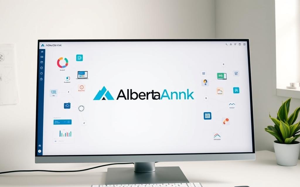 A clean, minimalist desktop with a sleek, modern aesthetic. On the screen, the AlbertaRank SEO Agency logo stands out prominently, highlighting its position as a leader in AI-powered SEO tools. Surrounding the logo are various SEO-related icons and interfaces, representing the suite of advanced analytics, keyword research, and content optimization tools available. The lighting is soft and diffused, creating a calm, professional atmosphere. The camera angle is slightly elevated, giving a sense of authority and expertise. The overall composition conveys the power and efficiency of these AI SEO platforms, perfectly suited for the &quot;Top AI SEO platforms worth your shortlist&quot; section of the article.