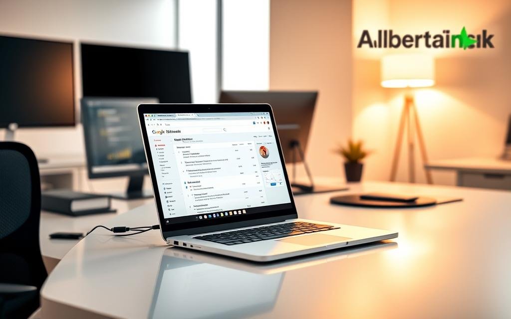 A clean, modern office workspace with a large desk, multiple computer monitors, and a stylish lamp. On the desk, an open laptop displays a detailed XML sitemap, along with the Google Search Console dashboard. The lighting is warm and focused, creating a professional atmosphere. In the background, the AlbertaRank SEO Agency logo is visible, subtly indicating the context. The overall scene conveys the importance of XML sitemaps and Google Search Console for effective technical SEO.