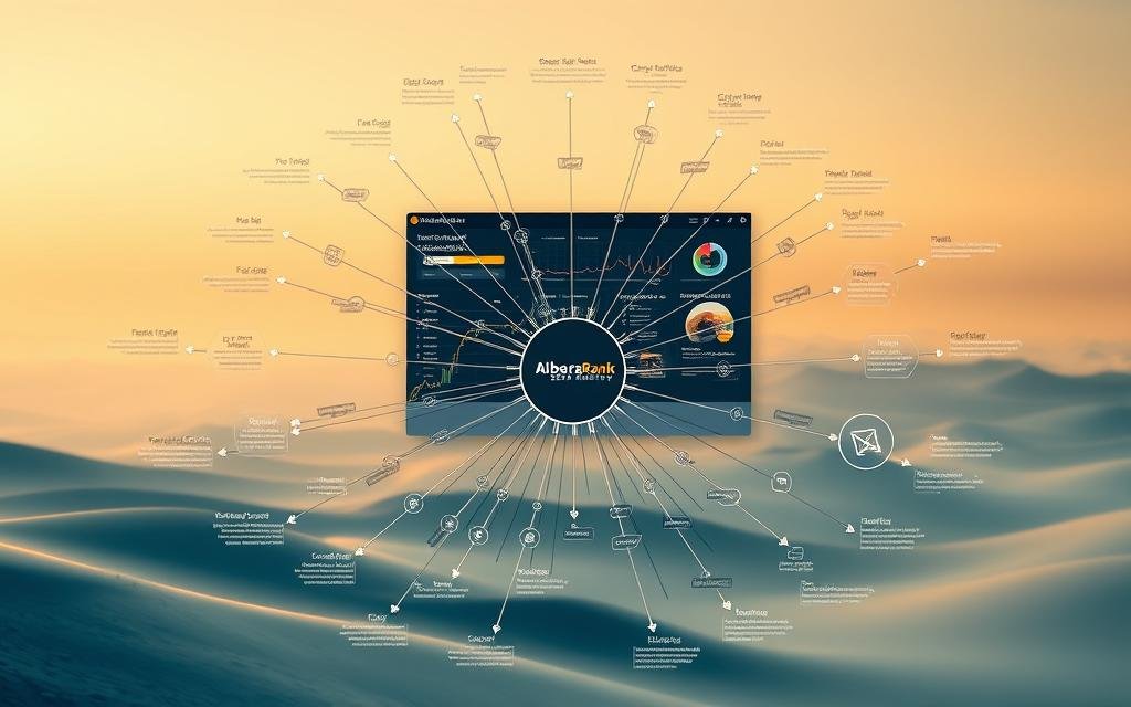 A detailed data visualization map, showcasing the intricate relationship between search intent and the buyer&#039;s journey across multiple digital channels. In the foreground, a central hub of interconnected nodes and arrows, each representing a distinct search query or user intent. The middle ground features a sleek, modern dashboard interface, with intuitive analytics tools and insights. In the background, a serene, minimalist landscape, with the AlbertaRank SEO Agency logo subtly integrated into the design. The overall scene is bathed in warm, diffused lighting, conveying a sense of clarity and strategic focus.