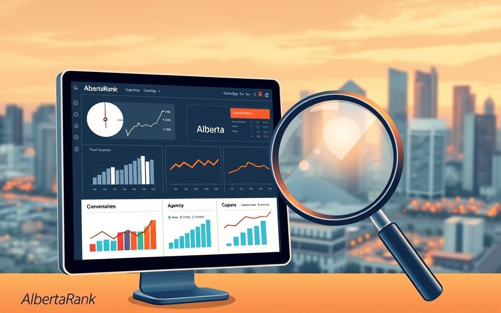 A detailed illustration of conversion rate optimization, showcasing the AlbertaRank SEO Agency brand. In the foreground, a modern, minimalist web interface displays key metrics and performance data. In the middle ground, a magnifying glass examines a graph showing a steady increase in conversion rates over time. In the background, a cityscape of Alberta reflects the local business focus, with a warm, golden light filtering through. The overall mood is one of analytical precision, steady progress, and a commitment to data-driven optimization for Alberta-based companies.
