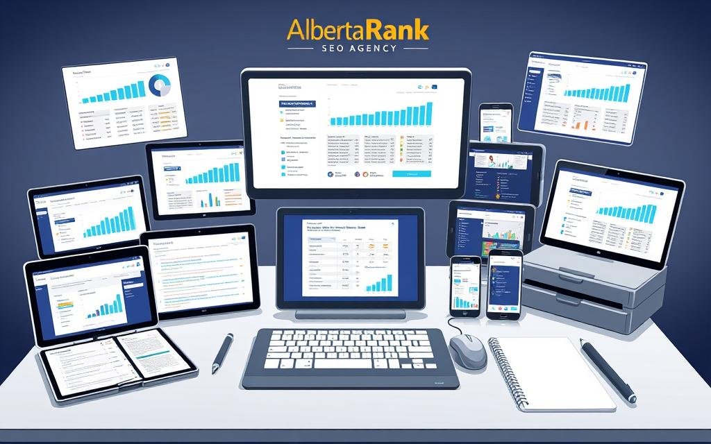 A detailed, well-lit digital illustration showcasing a diverse collection of keyword research tools, arranged on a sleek, minimalist desk setup. In the foreground, various laptops, tablets, and smartphones display analytical dashboards, search volume graphs, and keyword suggestion interfaces. In the middle ground, a tactile mouse, keyboard, and notebook emphasize the hands-on nature of the research process. The background features the AlbertaRank SEO Agency logo, subtly hinting at the professional context. The overall scene conveys a sense of efficiency, productivity, and the comprehensive toolkit available to master keyword research for SEO success.