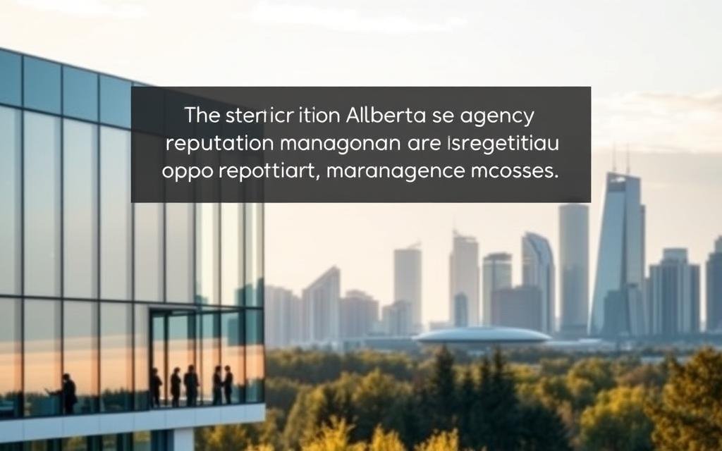 A dynamic landscape showcasing the AlbertaRank SEO Agency&#039;s reputation management strategies. In the foreground, a sleek, modern office building with clean lines and large windows, symbolizing the agency&#039;s professional approach. In the middle ground, a group of people collaborating on digital devices, representing the agency&#039;s proactive engagement with clients. In the background, a city skyline with towering skyscrapers, conveying the scale and impact of the agency&#039;s work. The scene is bathed in a warm, natural light, creating an atmosphere of trust and credibility. The overall composition highlights the AlbertaRank SEO Agency&#039;s commitment to delivering exceptional reputation management services to Alberta businesses.