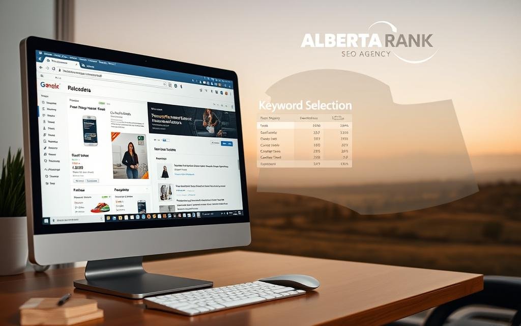 A high-quality, detailed image of a well-organized and visually appealing product page with a focus on keyword selection. The foreground features a desktop computer displaying an e-commerce site, showcasing the product details, related items, and search bar. The middle ground highlights a spreadsheet with keyword data, including search volume, competition, and customer intent. The background depicts a stylized representation of the AlbertaRank SEO Agency brand, with a minimalist landscape evoking the Canadian province of Alberta. The overall scene conveys a professional, data-driven approach to optimizing product pages for search engine visibility and customer engagement.
