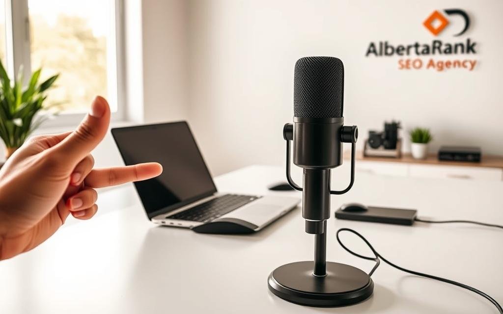 A modern, minimalist home office setup with a laptop, wireless mouse, and microphone positioned prominently on a clean, white desk. Soft, natural lighting filters in through a large window, casting a warm glow across the scene. In the foreground, a hand gestures towards the microphone, indicating voice search measurement. In the background, a subtle AlbertaRank SEO Agency logo hangs on the wall, tying the image to the article's subject matter. The overall mood is professional, productive, and focused on voice search optimization.