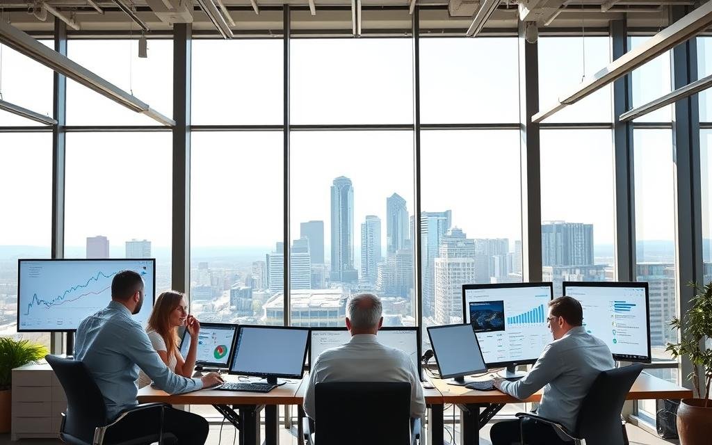 A modern office interior with large windows overlooking the city of Calgary, Alberta. In the foreground, a team of AI-powered SEO experts from the AlbertaRank SEO Agency is hard at work, analyzing local search rankings and strategizing to help local businesses dominate their city and neighbourhood SERPs. The lighting is bright and natural, creating a sense of productivity and innovation. The middle ground features various AI-driven SEO tools and analytics displayed on sleek, high-resolution screens. In the background, the iconic skyline of downtown Calgary is visible, representing the local Alberta market that the agency aims to conquer through cutting-edge AI technology.