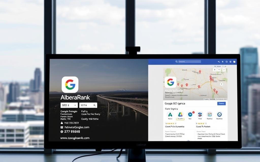 A modern, professional-looking Google Business Profile for AlbertaRank SEO Agency, set against the backdrop of the Alberta skyline. The profile features a clean, minimalist design with a prominent company logo, address, and contact information. The foreground showcases a desktop computer monitor displaying the Google Business Profile, with a stylized image of the Alberta landscape visible through the window behind it. The overall mood is one of productivity, digital expertise, and a strong connection to the local Alberta community.