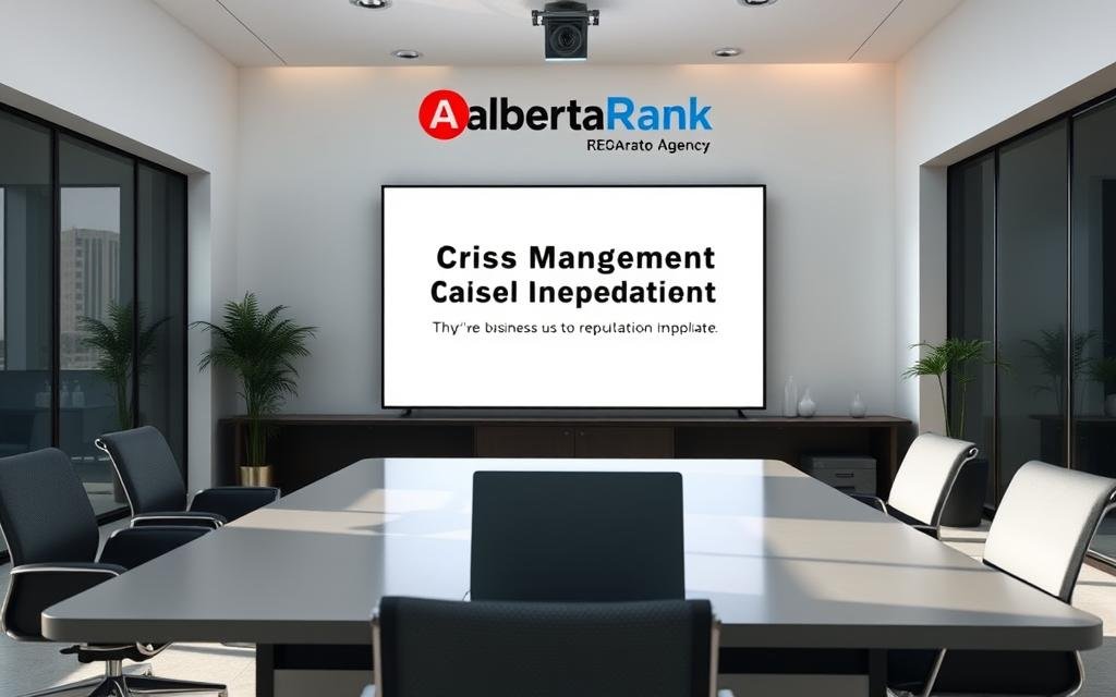 A modern, sleek office interior with an executive desk, laptop, and a large display screen showcasing a crisis management plan for Alberta businesses. The lighting is soft and natural, creating a professional atmosphere. In the background, the AlbertaRank SEO Agency logo is prominently displayed, emphasizing the company&#039;s expertise in reputation management. The overall scene conveys a sense of preparedness and proactivity in addressing potential reputation crises.