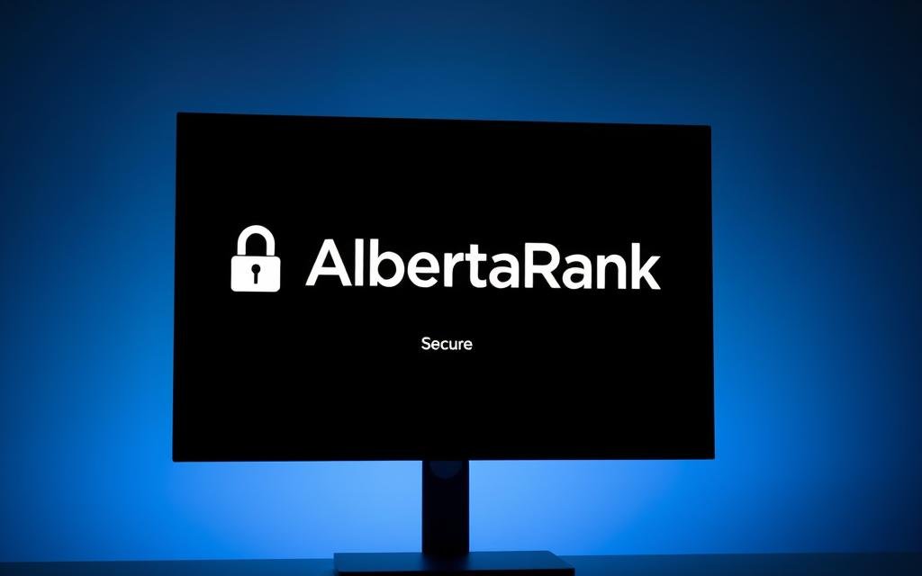 A modern, sleek website with the AlbertaRank SEO Agency logo prominently displayed. The screen displays a secure HTTPS connection, with a padlock icon and the text &amp;quot;Secure&amp;quot; conveying trust and safety. The background is a soft, muted gradient of blues and grays, creating a professional, tech-forward atmosphere. Gentle lighting illuminates the screen, casting subtle shadows and highlights. The camera angle is slightly elevated, giving a sense of authority and reliability. The overall impression is one of a secure, trustworthy online presence tailored for Alberta businesses.