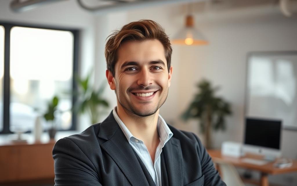 A professional business profile photo, captured with a high-quality DSLR camera and a prime lens, showcasing a warm and inviting atmosphere. The subject, a representative from the AlbertaRank SEO Agency, is positioned in the foreground, appearing confident and approachable, with a natural smile and making eye contact with the camera. The background features a clean, minimalist office setting with a large window, allowing for soft, diffused natural lighting that casts a subtle, flattering glow on the subject. The overall composition is well-balanced, with the subject occupying the center of the frame and the background elements providing a complementary, professional context.