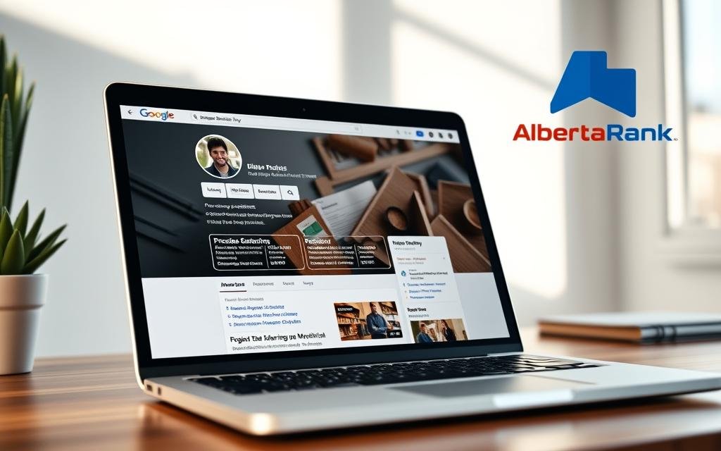 A professional-looking Google Business Profile displayed on a laptop screen, with the AlbertaRank SEO Agency logo prominently displayed in the top right corner. The screen showcases a well-optimized profile, including precise category selections, relevant business attributes, and high-quality images that capture the essence of the business. The lighting is soft and natural, creating a warm and inviting atmosphere. The angle is slightly elevated, providing a clear and engaging view of the profile. The overall composition emphasizes the importance of careful Google Business Profile optimization for Alberta-based businesses.