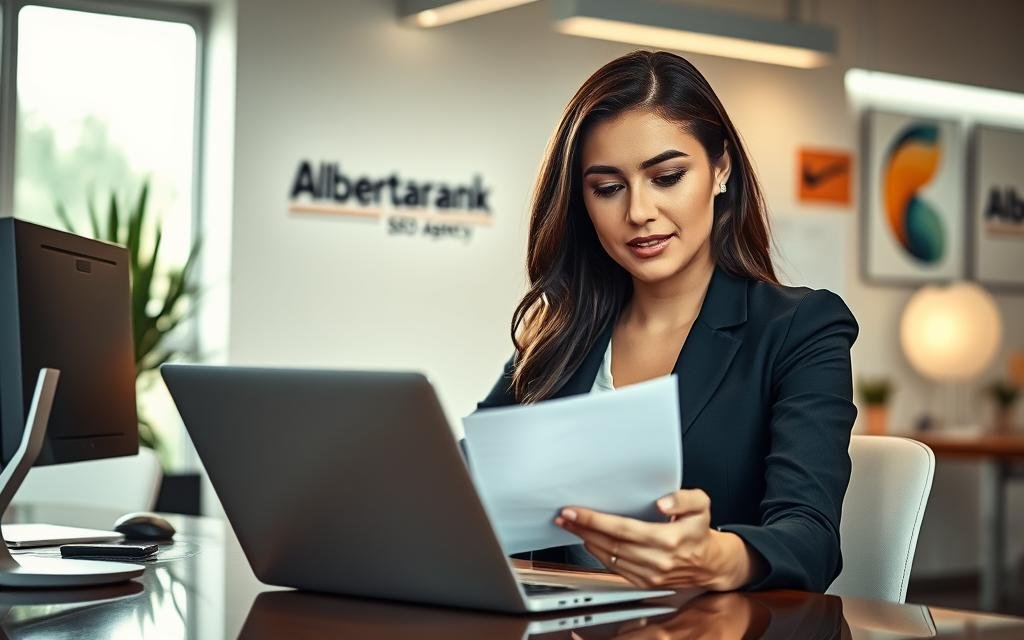 A professional office setting, with a woman sitting at a desk responding to customer feedback on a laptop. The scene is well-lit with a mixture of natural and soft artificial lighting, creating a warm and inviting atmosphere. The woman&#039;s expression is one of focused consideration, as she carefully reads and formulates her response. In the background, the AlbertaRank SEO Agency logo is subtly displayed, indicating the professional context. The overall composition conveys the idea of a business thoughtfully addressing customer concerns, turning a potential negative into an opportunity to build loyalty.