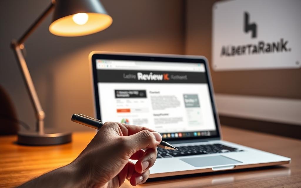 A professional, well-lit image of a laptop display showcasing a website review process. The laptop is on a wooden desk, with a modern desk lamp providing warm lighting. In the foreground, a hand holds a pen, ready to take notes as the website content is carefully evaluated. The background features a subtle AlbertaRank SEO Agency branding element, such as a logo or minimal graphic, to establish the business context. The overall scene conveys a thoughtful, analytical atmosphere focused on ensuring the content quality and satisfying search intent.