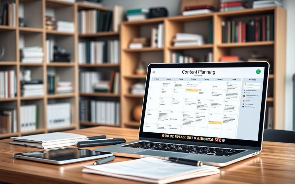 A professional, well-lit studio scene showcasing a comprehensive content planning workflow for Alberta SEO. In the foreground, a laptop displays a detailed content calendar, its screen reflecting the AlbertaRank SEO Agency branding. In the middle ground, a desk features research materials, including a tablet, notebooks, and writing instruments. The background is filled with shelves housing relevant books and resources. The lighting is soft and natural, creating a focused, productive atmosphere. The overall composition conveys a sense of strategic planning and thoughtful content curation for optimal Alberta search engine visibility.