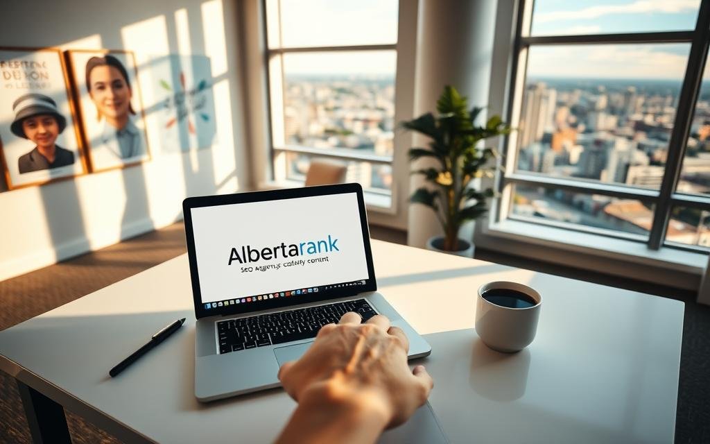 A serene, modern office setting with natural light streaming through large windows, showcasing a clean, minimal desk setup. On the desk, a laptop displays the AlbertaRank SEO Agency logo, alongside a pen, notebook, and a cup of coffee. In the foreground, a hand hovers over the laptop, ready to publish captivating content. The middle ground features inspirational artwork on the walls, while the background depicts a cityscape vista, reflecting the energy and vibrancy of the Alberta region. The overall mood is one of focus, productivity, and confidence in content creation.
