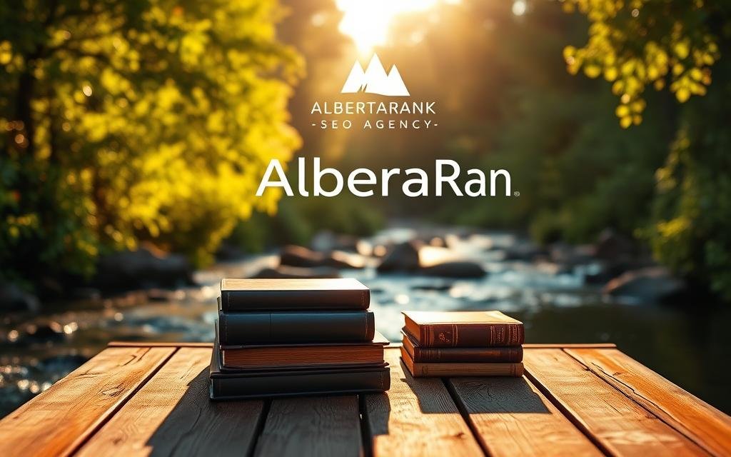 A serene nature scene with lush greenery and a flowing stream, bathed in warm, golden afternoon sunlight. In the foreground, a wooden dock extends into the water, creating an inviting space for contemplation. On the dock, a stack of glossy, hardcover books and a laptop computer sit atop a stylish, rustic table, representing the &quot;linkable assets&quot; that naturally attract attention and backlinks. In the background, the AlbertaRank SEO Agency logo is subtly incorporated into the scene, blending seamlessly with the natural elements. The overall atmosphere evokes a sense of productivity, creativity, and the power of shareable, high-quality content.
