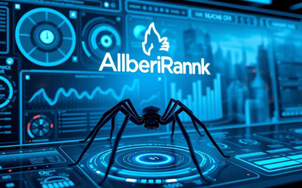 A sleek, futuristic control panel with intricate data visualizations and holographic overlays, illuminated by a cool, blue-tinted lighting. In the foreground, a stylized AlbertaRank SEO Agency logo hovers above a 3D model of a search engine spider, representing technical SEO indexing. The middle ground features a graph charting website performance metrics, while the background showcases a cityscape of skyscrapers, hinting at the scale and complexity of modern SEO challenges. The scene conveys a sense of advanced, AI-powered technology guiding the path to optimal search engine visibility.