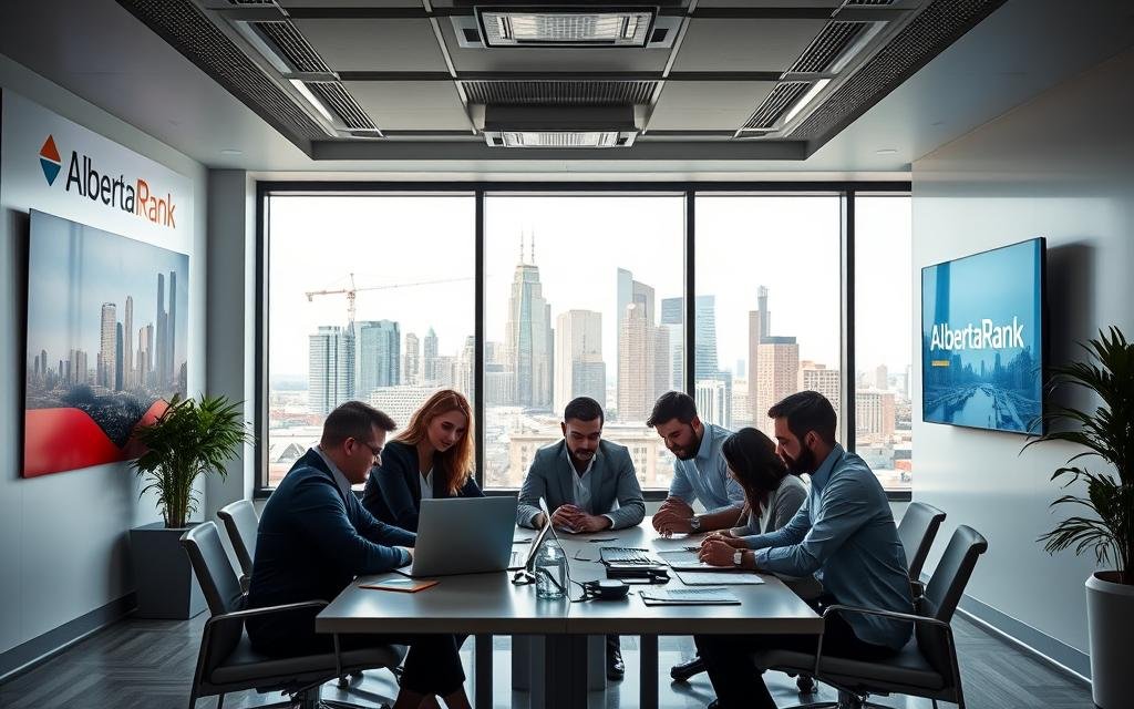 A sleek, modern office interior with a large window overlooking the Calgary skyline. The walls are adorned with bold graphics and digital displays showcasing the &quot;AlbertaRank SEO Agency&quot; brand. In the foreground, a team of digital marketers collaborates around a central table, carefully analyzing search engine data and strategizing targeted SEO campaigns. Soft, directional lighting accentuates the focused expressions on their faces. In the background, the city's landmarks stand tall, symbolizing the agency's commitment to helping local Alberta businesses thrive in the digital landscape.