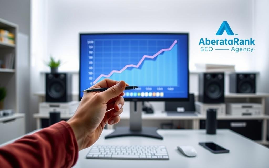 A sleek, modern workspace with a large computer monitor displaying a graph showing a steadily rising conversion rate. The workspace is clutter-free, with a minimalist design featuring clean lines and a neutral color palette. The lighting is soft and diffused, creating a calm, focused atmosphere. In the foreground, a hand holding a stylus hovers over the monitor, reflecting the user's engagement with the data. In the background, the AlbertaRank SEO Agency logo is subtly visible, suggesting the professional expertise behind the conversion rate optimization insights.