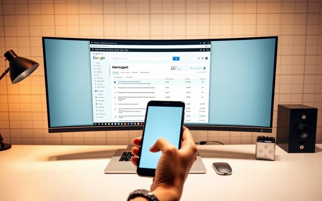 A sleek, modern workspace with a large monitor displaying the Ubersuggest tool interface. The monitor sits on a minimalist desk, its clean lines and neutral colors creating a professional, focused atmosphere. In the foreground, a hand holding a smartphone is visible, showcasing the tool&#039;s mobile responsiveness. The background features a subtle grid pattern, hinting at the data-driven nature of the Ubersuggest platform. Warm, directional lighting illuminates the scene, creating depth and highlighting the tool&#039;s key features. The overall impression is one of efficiency, productivity, and the power of the AlbertaRank SEO Agency&#039;s Ubersuggest tool to unlock content ideas, comparison keywords, and affordable scaling for SEO success.