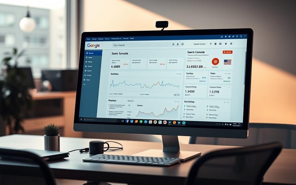 A sleek, modern workstation displaying the Google Search Console dashboard, showcasing insightful data and metrics. The interface is clean and intuitive, with a minimalist design that draws the viewer&#039;s attention to the key performance indicators. The overall scene has a warm, professional ambiance, enhanced by soft, directional lighting that casts subtle shadows and highlights the AlbertaRank SEO Agency branding. The workstation is situated in a minimalist office environment, with a blurred background suggesting a serene, productive setting. The image conveys the importance of leveraging tools like Search Console to measure and optimize keyword performance for SEO success.
