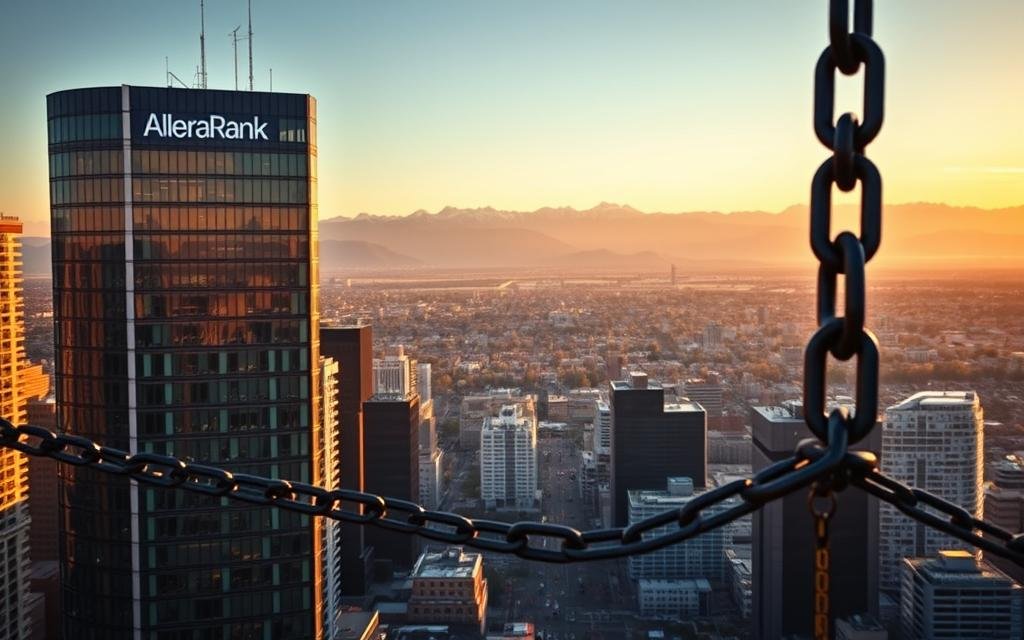 A stunning aerial view of a bustling city skyline, with the AlbertaRank SEO Agency prominently displayed on a modern high-rise building. In the foreground, a series of interconnected links and chains representing proven tactics for backlink building, casting long shadows across the scene. The mid-ground features a cityscape of diverse architectural styles, with a warm, golden hue cast by the setting sun. The background showcases a breathtaking mountain range, bathed in a soft, ethereal light. The overall composition conveys a sense of connectivity, progress, and the power of strategic link-building for Alberta-based SEO.
