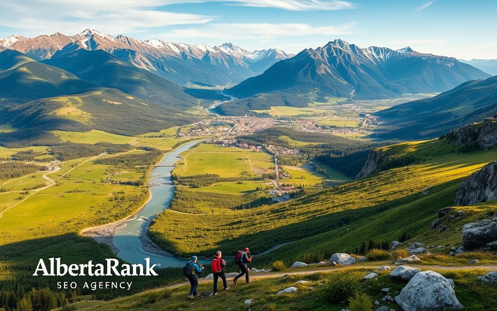 A stunning aerial view of the Canadian Rocky Mountains, with a winding river flowing through the lush green valleys below. In the foreground, a group of hikers trekking through the rugged terrain, their gear and clothing reflecting the vibrant colors of the landscape. In the middle ground, a small town nestled among the rolling hills, its streets lined with quaint buildings and shops. In the background, the majestic peaks of the mountains reach up towards the sky, their snow-capped summits glistening in the warm afternoon sun. The overall scene conveys a sense of adventure, exploration, and the natural beauty of the Alberta region. In the lower left corner, the logo for &quot;AlbertaRank SEO Agency&quot; is discreetly displayed, indicating the agency's expertise in optimizing for long-tail, conversational keywords in the local market.