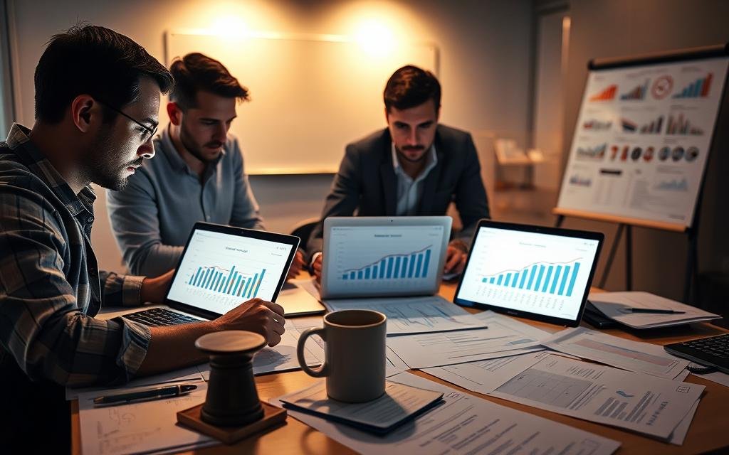 A team of professionals from the AlbertaRank SEO Agency intently studying a set of charts and graphs on their laptops, benchmarking their performance against competitors. The scene is bathed in warm, focused lighting, creating an atmosphere of deep concentration and analytical rigor. In the foreground, a table is covered in printouts, notepads, and a strategically placed cup of coffee, reflecting the intense nature of the competitive analysis. In the background, the office setting is clean and modern, with a large whiteboard displaying additional insights. The overall mood is one of strategic determination, as the team works to uncover insights that will give their clients a crucial edge.