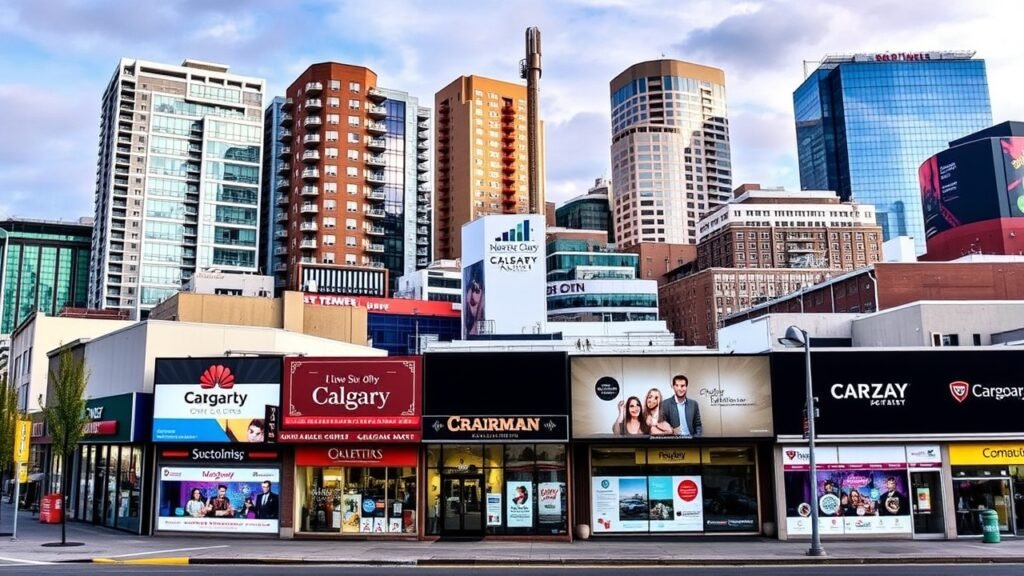 A vibrant cityscape of Calgary with various business storefronts showcasing websites on screens
