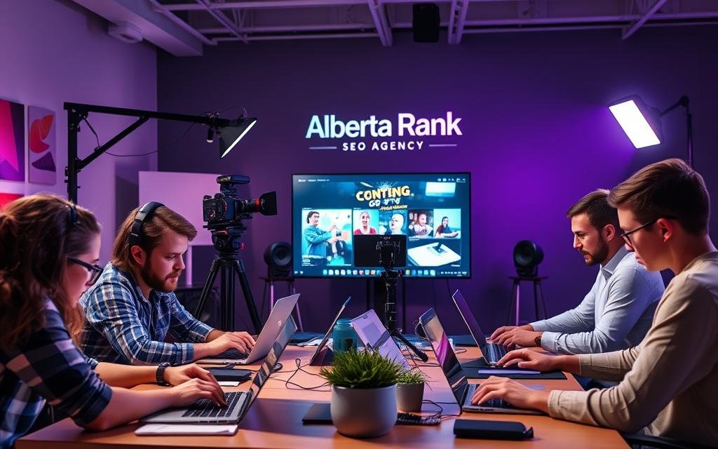 A vibrant, dynamic scene of the content creation process, set in a modern, well-equipped studio. In the foreground, a team of creatives - graphic designers, copywriters, and video editors - collaborate intently over laptops and digital tablets, their expressions focused as they bring ideas to life. In the middle ground, a large, sleek monitor displays visual concepts, while a state-of-the-art camera and lighting rig capture the process. The background features the AlbertaRank SEO Agency logo, conveying a sense of professionalism and authority. The overall mood is one of productivity, creativity, and a commitment to crafting high-quality content that drives SEO success.