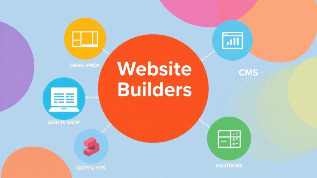A vibrant illustration showing different types of website builders like drag-and-drop, CMS, and custom solutions with icons representing each type