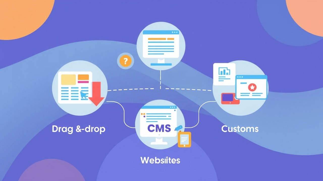 A vibrant illustration showing different types of website builders like drag-and-drop, CMS, and custom solutions with icons representing each type