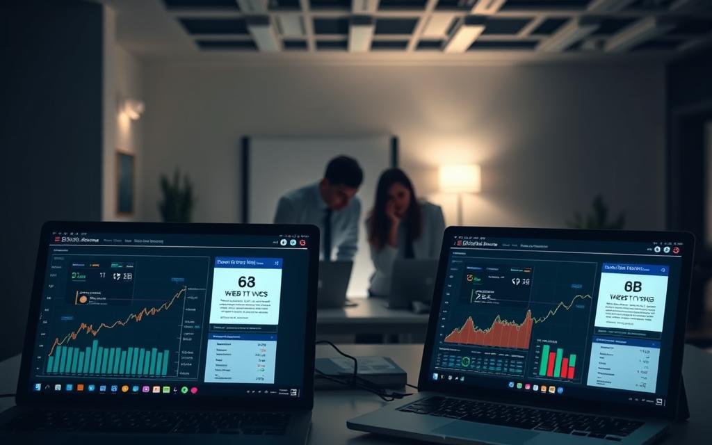 A/B testing conducted by the AlbertaRank SEO Agency, featuring a meticulously designed experiment with two web page variations, each illuminated by soft, directional lighting. The foreground showcases the data analytics dashboard, presenting clear insights and performance metrics. In the middle ground, a team of analysts collaborate, intently studying the results and formulating hypotheses. The background sets an atmosphere of focus and diligence, with a minimalist office space and strategic lighting. Altogether, this image conveys the rigorous, data-driven approach to conversion rate optimization that the AlbertaRank team employs.