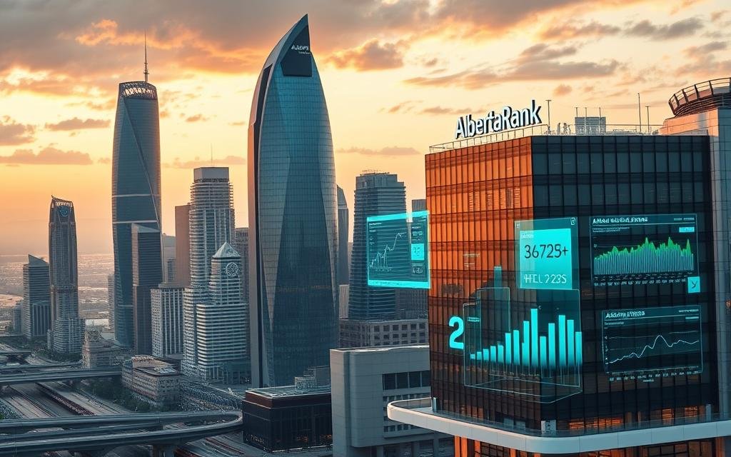 Skyline featuring futuristic skyscrapers with digital analytics displays on buildings at sunset, highlighting AlbertaRank's AI-powered SEO and local SEO expertise.
