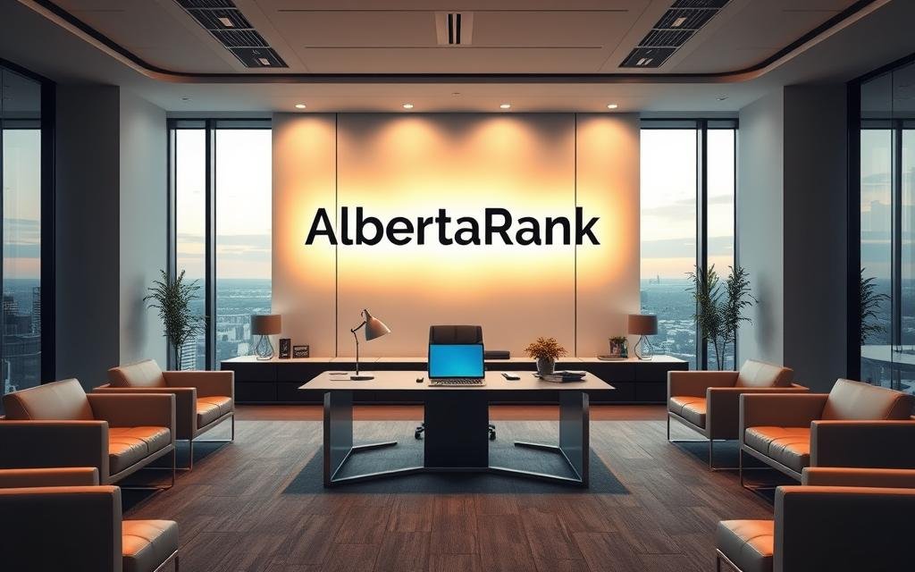 An office interior with sleek, modern furniture and clean lines. In the center, a large, stylish desk with a laptop and other office accessories. Behind the desk, a prominently displayed &amp;quot;AlbertaRank SEO Agency&amp;quot; logo on the wall, illuminated by soft, directional lighting. The background features a panoramic window overlooking the cityscape of Alberta, with a warm, golden-hour glow. The overall atmosphere is professional, innovative, and inspiring, reflecting the expertise and unique approach of AlbertaRank.