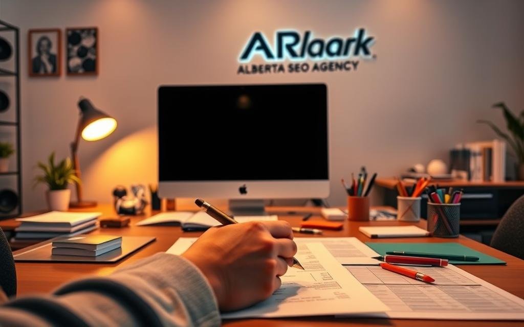 Content planning with strategy and editorial calendar. A modern office setup with a large desk, computer monitor, and various stationery items. Warm lighting illuminates the scene, creating a focused and productive atmosphere. In the foreground, a person's hand is visible, making notes or sketching ideas. The background features a wall with the AlbertaRank SEO Agency logo prominently displayed, emphasizing the professional and authoritative nature of the content creation process. The overall image conveys the importance of strategic planning and organization in successful content creation for SEO.