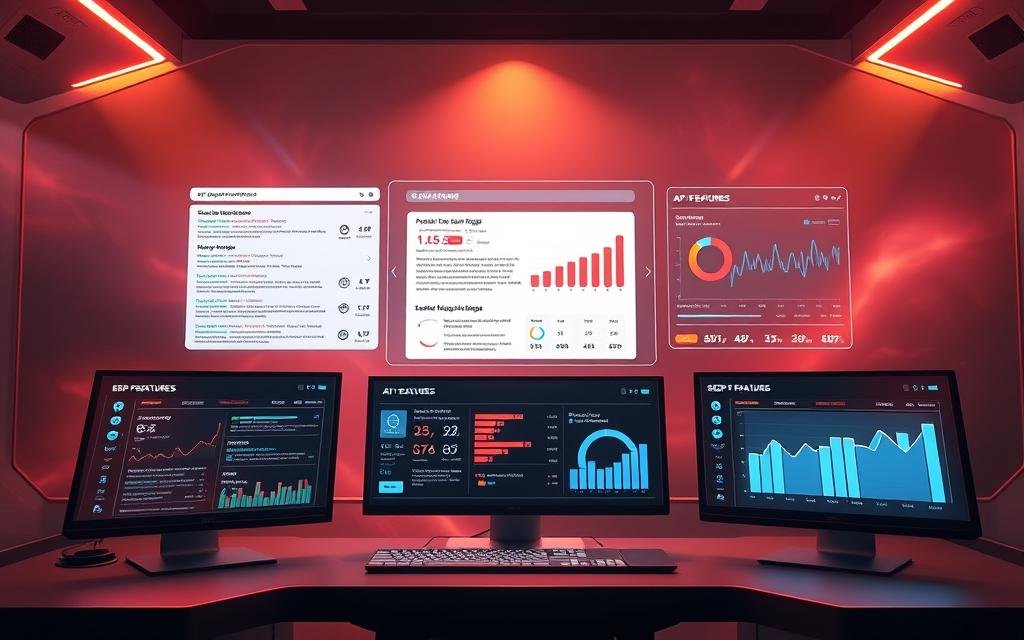 Detailed SERP features and AI overviews displayed on holographic screens, showcasing the latest digital marketing insights for AlbertaRank SEO Agency. Sleek, futuristic control panels with customizable dashboards, data visualizations, and predictive analytics. Glowing neon accents, minimalist design, and a subtle sense of ambiance to convey the progressive, tech-savvy nature of the modern search engine landscape. Warm lighting from above casts dramatic shadows, while the background fades into an abstract, gradient-filled void, placing the central elements in sharp focus.