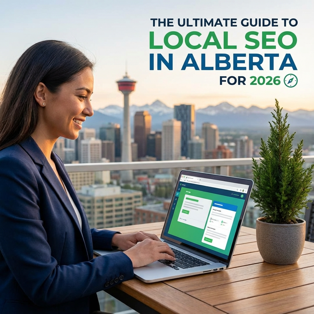Busy Alberta city street at sunset with signage for Alberta specific businesses, cars, and pedestrians, highlighting urban life in Alberta, Canada, relevant to local SEO strategies for 2025.