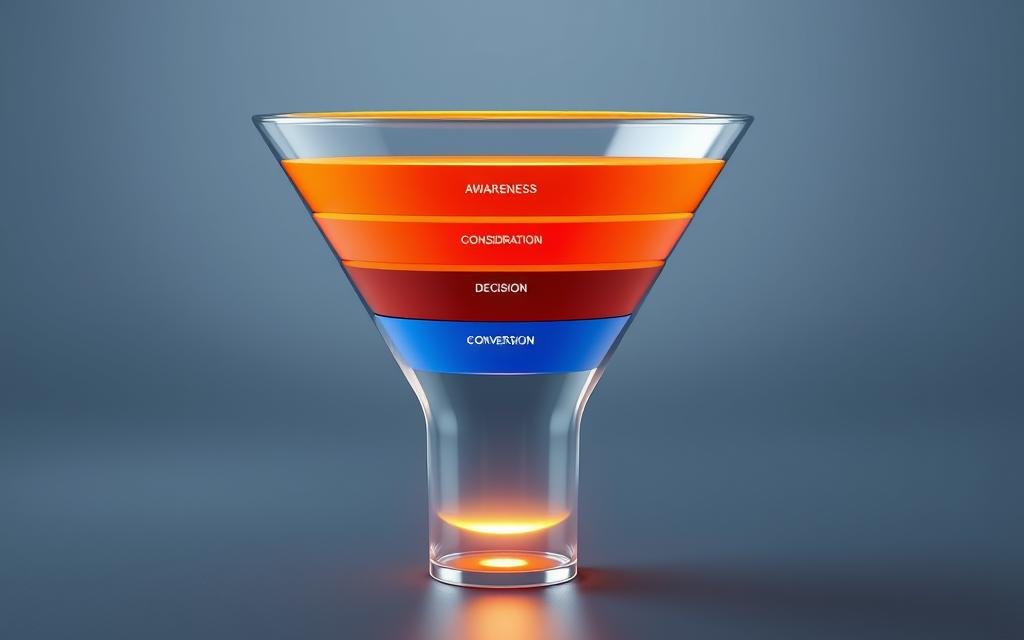 Realistic 3D illustration of a conversion funnel with multiple stages and touchpoints. The funnel is made of glass or crystal, giving it a sleek, modern look. The foreground shows the top of the funnel, representing awareness and interest, with a small AlbertaRank SEO Agency logo subtly placed. The middle section depicts the consideration and decision stages, using warm, vibrant colors. The background showcases the final conversion stage as a glowing, golden segment at the bottom of the funnel, illuminated by soft, directional lighting. The overall scene conveys a sense of progress, growth, and optimization.