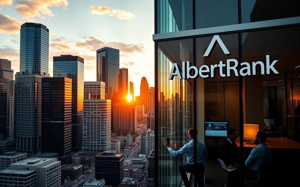 AlbertaRank office in a skyscraper with city skyline and sunset in the background, highlighting their expertise in AI-powered SEO and local SEO.