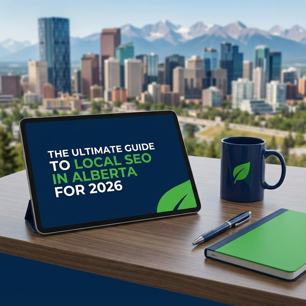 Laptop and smartphone displaying AlbertaRank SEO Agency logo on a wooden table with scenic Alberta landscape in the background, illustrating local SEO services and strategies in Alberta.