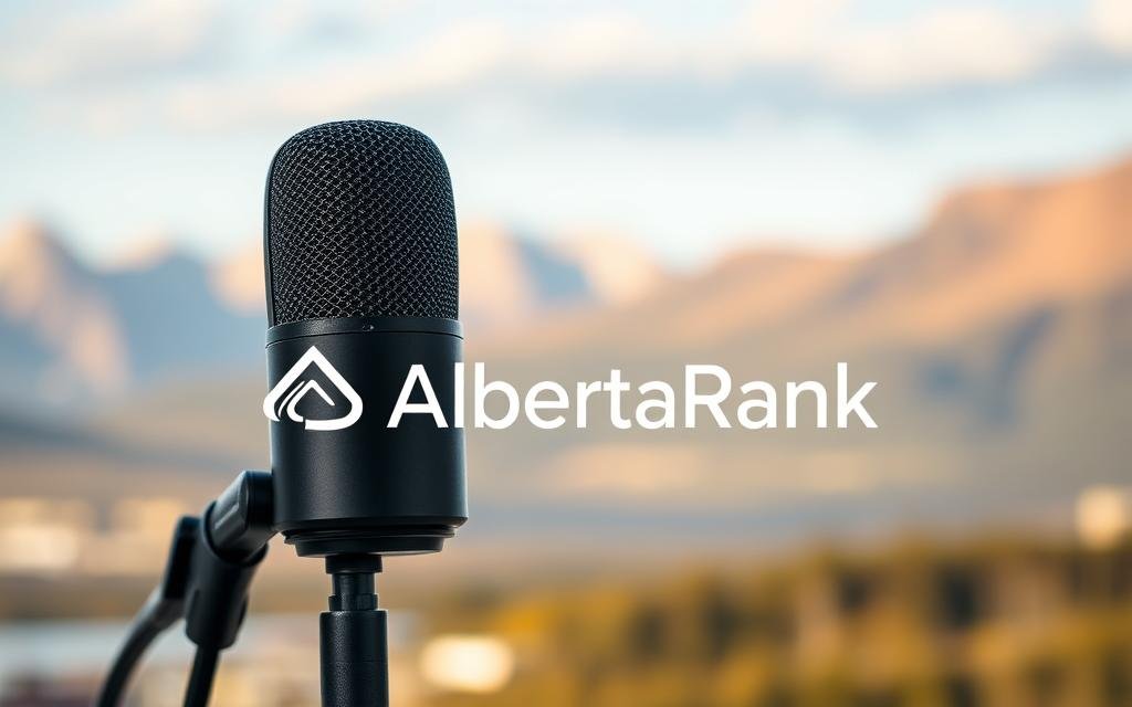 Black microphone in focus with blurred mountain landscape and AlbertaRank logo, representing SEO and digital marketing expertise in Alberta.