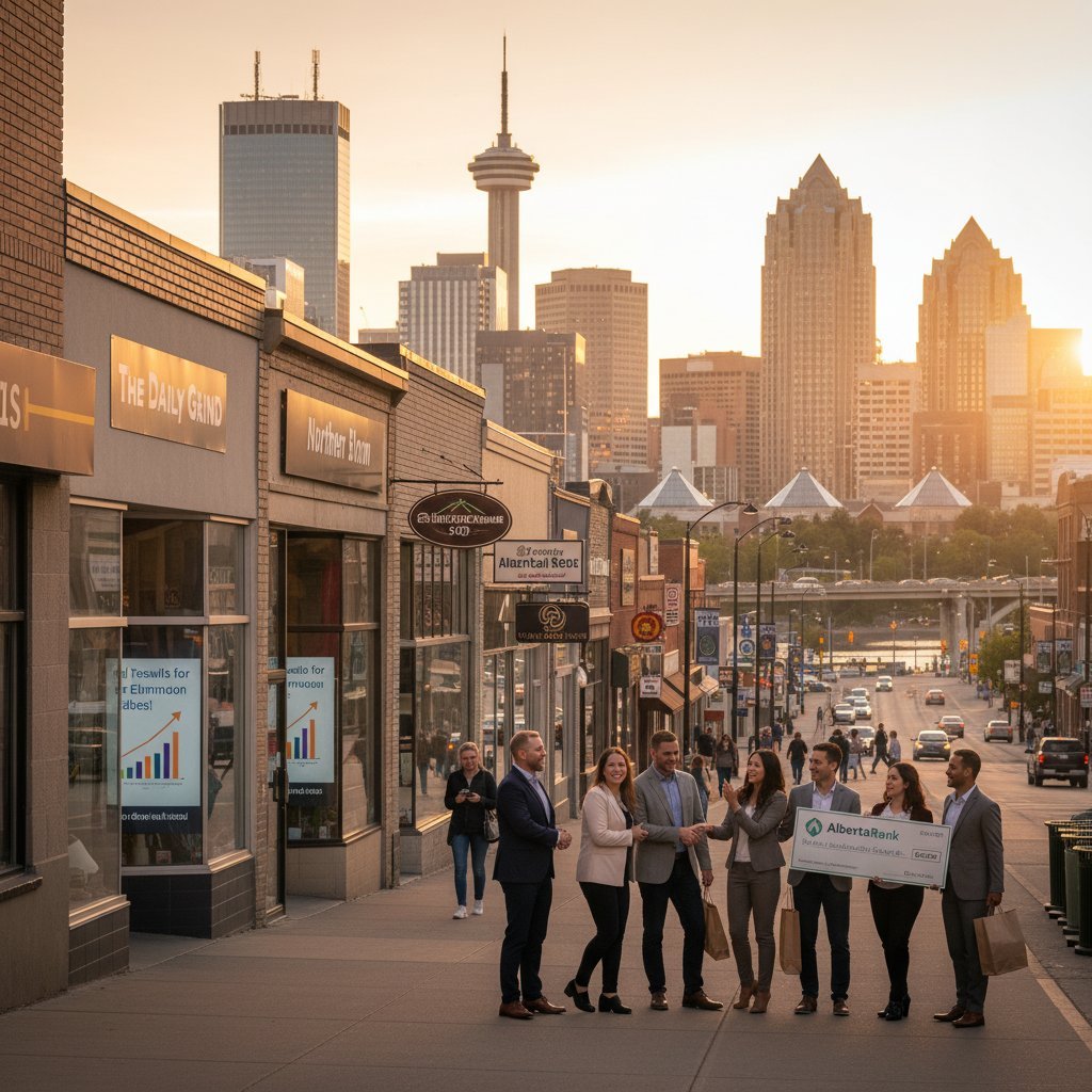 A bustling city street in downtown Edmonton, Canada, bathed in warm, golden-hour light. In the foreground, a row of thriving local businesses, their storefront displays showcasing the success stories of AlbertaRank's SEO expertise. The middle ground features proud business owners shaking hands, smiling at the camera, and celebrating their newfound online visibility. In the background, the iconic skyline of Edmonton's skyscrapers and landmarks, reflecting the city's vibrant entrepreneurial spirit. The scene exudes a sense of accomplishment, highlighting the real, measurable results that AlbertaRank has delivered to Edmonton-based companies.