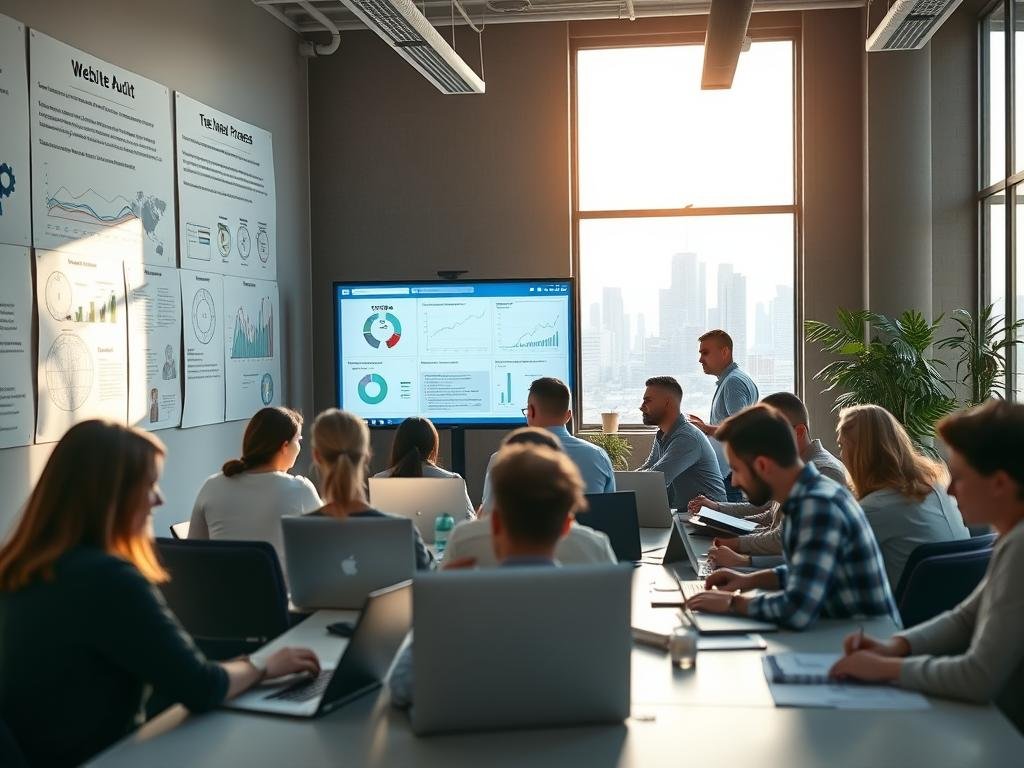 A bustling office setting, illuminated by soft, natural light streaming through large windows. On the walls, charts and graphs detailing the AlbertaRank SEO audit process, with icons and diagrams highlighting key steps. In the foreground, a team of professionals, laptops and notepads in hand, collaborating intently. The atmosphere is one of focus and determination, as they meticulously analyze website data, identify optimization opportunities, and strategize to elevate the online presence of their Alberta-based clients. The middle ground features a large monitor displaying an interactive dashboard, showcasing real-time SEO metrics. In the background, a city skyline can be seen, hinting at the wider context of the Alberta business landscape.