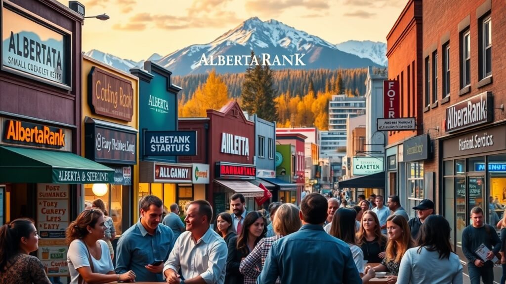 A bustling small business district in Alberta, Canada, with colorful storefronts and thriving shops. In the foreground, a group of entrepreneurs engaged in lively discussion, their faces lit by the warm glow of cafe lighting. The middle ground showcases the diverse range of businesses, from a cozy bakery to a modern tech startup, all part of the AlbertaRank community. In the background, the majestic Rocky Mountains provide a picturesque backdrop, symbolizing the boundless potential for growth and opportunity. The scene conveys a sense of energy, collaboration, and the vibrant spirit of Alberta's small business landscape.