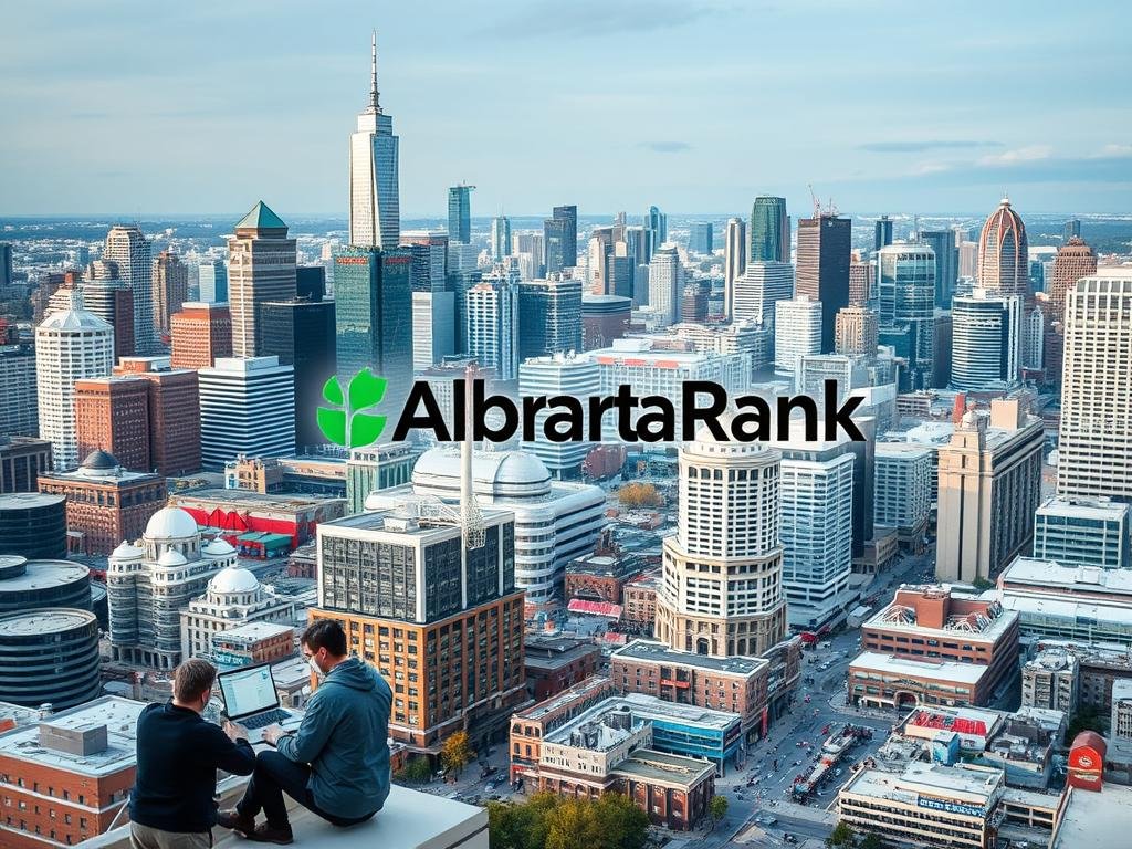 A bustling urban landscape with the AlbertaRank logo prominently displayed, reflecting the dynamic business environment that impacts SEO speed for Alberta companies. The foreground features a team of professionals analyzing web performance metrics on laptops and smartphones, highlighting the technical factors influencing online visibility. In the middle ground, various buildings and infrastructure represent the digital and physical infrastructure that can affect website loading times. The background showcases the diverse industries and economic drivers of Alberta, creating a sense of the broader context that shapes SEO strategies. Warm lighting and a slightly muted color palette convey a professional, analytical atmosphere.