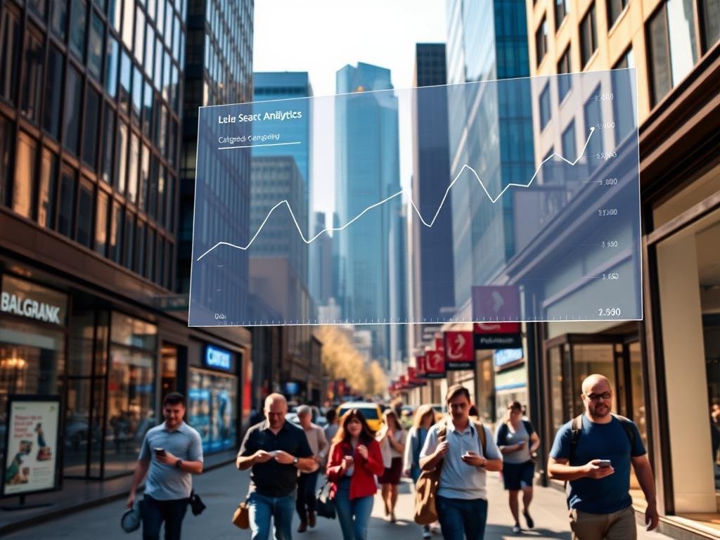 A bustling urban street in downtown Calgary, Canada, with a focus on local search traffic data. The scene features a series of modern high-rise buildings, their glass facades reflecting the city skyline. In the foreground, people walk briskly along the sidewalk, their mobile devices in hand, capturing local search queries and engagement. Hovering above the scene, a transparent overlay displays real-time analytics from the AlbertaRank platform, visualizing the ebb and flow of local search activity. The lighting is warm and natural, creating a vibrant, dynamic atmosphere that conveys the critical importance of local SEO for Calgary companies to grow their online presence.