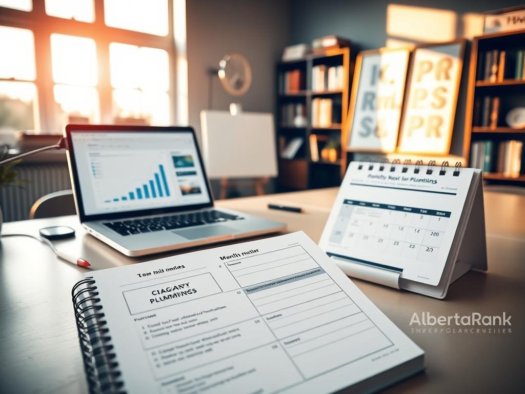A clean, modern office setting with a stylish desk, a laptop displaying website analytics, and a calendar highlighting important SEO milestones. Warm, natural lighting filters through large windows, casting a serene glow. In the foreground, a planner and notes detailing a strategic SEO plan, branded with the AlbertaRank logo. In the background, bookshelves and framed digital marketing concepts create a professional, knowledge-driven atmosphere. The overall mood is one of organized productivity, conveying a comprehensive, monthly approach to managing SEO for Calgary plumbers.