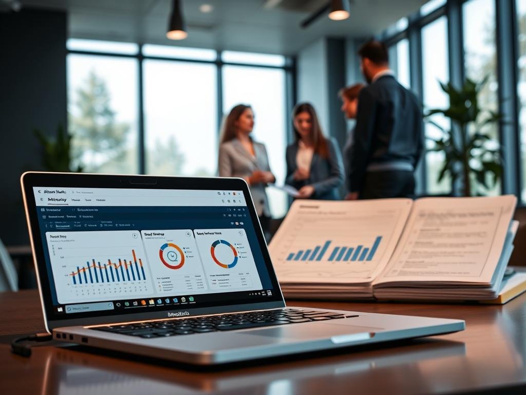 A comprehensive SEO approach for AlbertaRank, showcasing a sleek and modern office setting. In the foreground, a laptop displays analytics dashboards and SEO strategy documents, reflecting the data-driven nature of the process. In the middle ground, a team of professionals collaborates, brainstorming ideas and strategizing ways to boost the online presence of local businesses. The background features a large window, allowing natural light to flood the space and create a warm, productive atmosphere. The overall scene conveys a sense of expertise, efficiency, and a deep understanding of the local Edmonton SEO landscape.