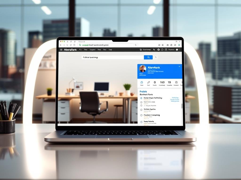 A detailed, high-resolution image showcasing the various attributes of the AlbertaRank Google Business Profile. The foreground features a laptop screen displaying the GBP dashboard, highlighting the customizable attributes such as business hours, contact information, and product/service offerings. The middle ground shows a professional, well-lit office setting with a desk, chair, and various office supplies, conveying a sense of professionalism and attention to detail. The background depicts a cityscape with recognizable landmarks, suggesting the local relevance and visibility of the AlbertaRank brand. The overall mood is one of authority, expertise, and a commitment to leveraging the full potential of the Google Business Profile to enhance local online presence.